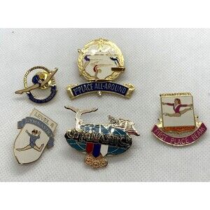 Lot 5 Gold Tone Gymnastics Pin Brooch Regionals Beam‎ 1st Place All-Around 2002